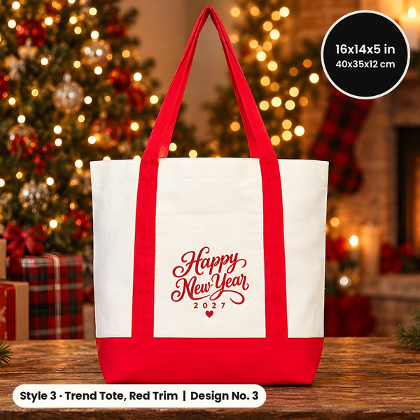 Happy New Year Tote Bags Bulk – Canvas Tote Bags in 3 Styles: Large City 18" × 14" × 4", Red Handles 18" × 14" × 3" or Red Trim 16" × 14" × 5", 9 New Year 2027 Designs - Pamusan.com