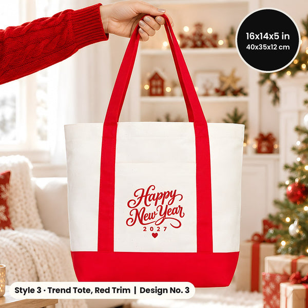 Happy New Year Tote Bags Bulk – Canvas Tote Bags in 3 Styles: Large City 18" × 14" × 4", Red Handles 18" × 14" × 3" or Red Trim 16" × 14" × 5", 9 New Year 2027 Designs - Pamusan.com