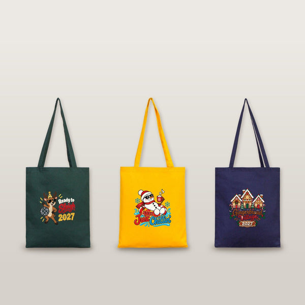 Holiday Gift Bags Bulk – Green, Yellow or Navy Cotton Gabardine Tote Bags 14" × 16" (35 × 40 cm), 9 Christmas & New Year 2027 Designs - Pamusan.com