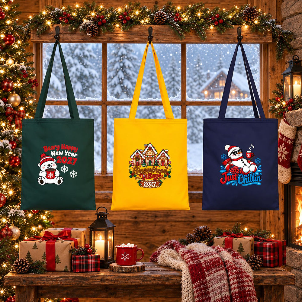 Weihnachts-Geschenktaschen aus Stoff – Baumwolltaschen 35 × 40 cm in Grün, Gelb oder Marineblau, 9 Motive für Weihnachten & Neujahr 2027 - Pamusan.de