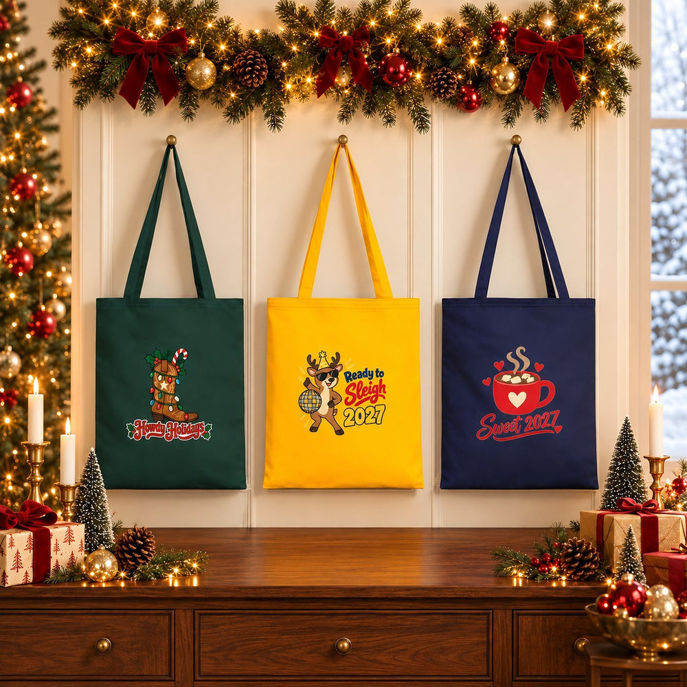 Weihnachts-Geschenktaschen aus Stoff – Baumwolltaschen 35 × 40 cm in Grün, Gelb oder Marineblau, 9 Motive für Weihnachten & Neujahr 2027 - Pamusan.de