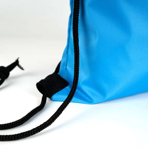 Custom turquoise drawstring backpack bottom corner detail - Pamusan.com