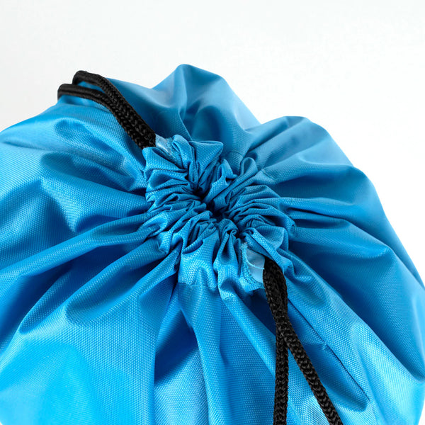 Custom turquoise drawstring backpack drawstring top detail - Pamusan.com