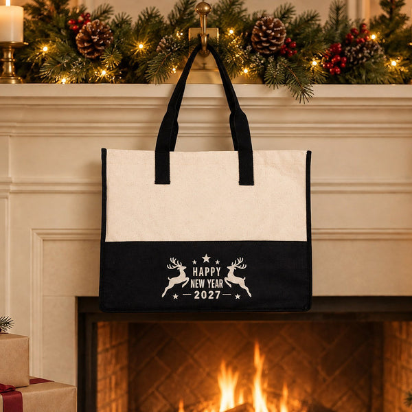 Große Canvas-Tasche Weihnachten – zweifarbig, 45 × 35 × 19 cm, Bordeaux, Schwarz oder Salbeigrün, 9 Motive für Weihnachten & Neujahr 2027 - Pamusan.de