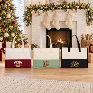 Große Canvas-Tasche Weihnachten – zweifarbig, 45 × 35 × 19 cm, Bordeaux, Schwarz oder Salbeigrün, 9 Motive für Weihnachten & Neujahr 2027 - Pamusan.de