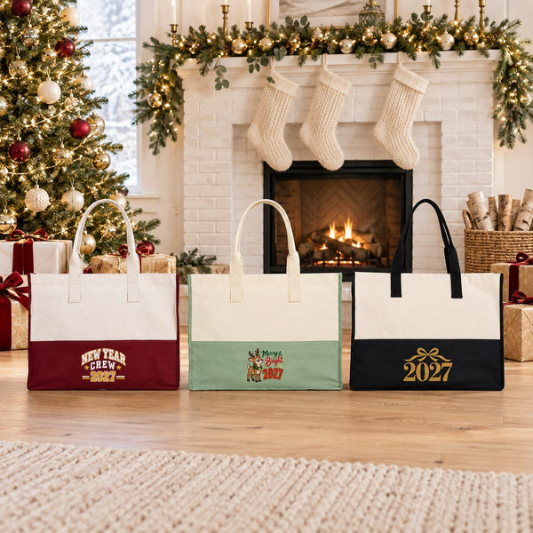 Große Canvas-Tasche Weihnachten – zweifarbig, 45 × 35 × 19 cm, Bordeaux, Schwarz oder Salbeigrün, 9 Motive für Weihnachten & Neujahr 2027 - Pamusan.de
