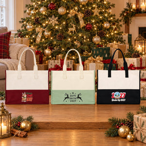 Große Canvas-Tasche Weihnachten – zweifarbig, 45 × 35 × 19 cm, Bordeaux, Schwarz oder Salbeigrün, 9 Motive für Weihnachten & Neujahr 2027 - Pamusan.de