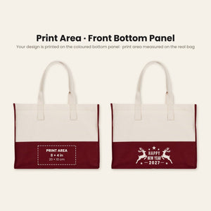Große Canvas-Tasche Weihnachten – zweifarbig, 45 × 35 × 19 cm, Bordeaux, Schwarz oder Salbeigrün, 9 Motive für Weihnachten & Neujahr 2027 - Pamusan.de