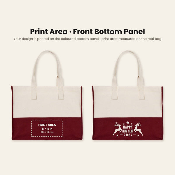 Große Canvas-Tasche Weihnachten – zweifarbig, 45 × 35 × 19 cm, Bordeaux, Schwarz oder Salbeigrün, 9 Motive für Weihnachten & Neujahr 2027 - Pamusan.de