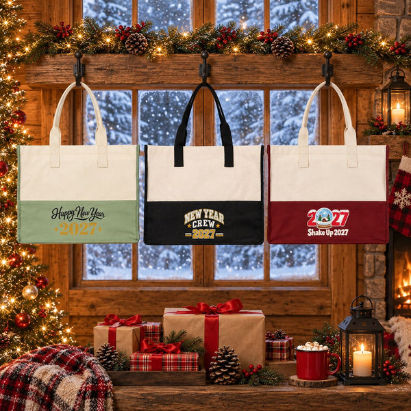 Große Canvas-Tasche Weihnachten – zweifarbig, 45 × 35 × 19 cm, Bordeaux, Schwarz oder Salbeigrün, 9 Motive für Weihnachten & Neujahr 2027 - Pamusan.de