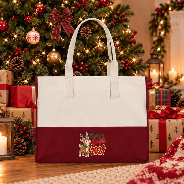 Große Canvas-Tasche Weihnachten – zweifarbig, 45 × 35 × 19 cm, Bordeaux, Schwarz oder Salbeigrün, 9 Motive für Weihnachten & Neujahr 2027 - Pamusan.de