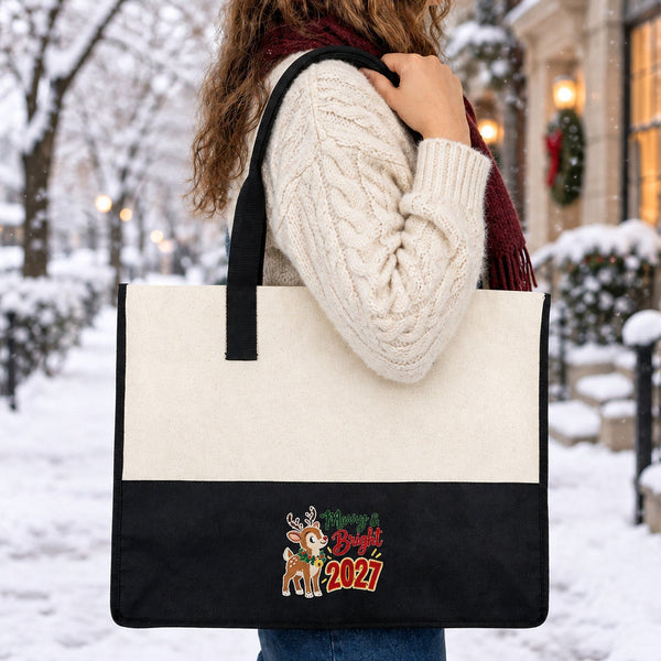 Große Canvas-Tasche Weihnachten – zweifarbig, 45 × 35 × 19 cm, Bordeaux, Schwarz oder Salbeigrün, 9 Motive für Weihnachten & Neujahr 2027 - Pamusan.de