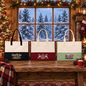 Große Canvas-Tasche Weihnachten – zweifarbig, 45 × 35 × 19 cm, Bordeaux, Schwarz oder Salbeigrün, 9 Motive für Weihnachten & Neujahr 2027 - Pamusan.de
