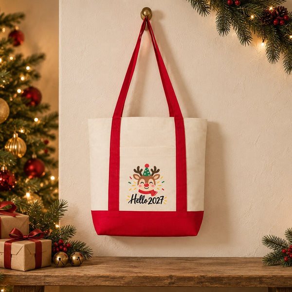 Canvas-Tasche Neujahr mit Fronttasche – 9 Motive Happy New Year 2027, Tragetasche 40 × 35 × 12 cm mit roten, schwarzen oder bordeauxroten Akzenten - Pamusan.de