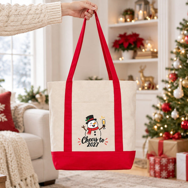 Canvas-Tasche Neujahr mit Fronttasche – 9 Motive Happy New Year 2027, Tragetasche 40 × 35 × 12 cm mit roten, schwarzen oder bordeauxroten Akzenten - Pamusan.de