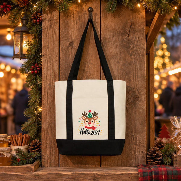 Canvas-Tasche Neujahr mit Fronttasche – 9 Motive Happy New Year 2027, Tragetasche 40 × 35 × 12 cm mit roten, schwarzen oder bordeauxroten Akzenten - Pamusan.de