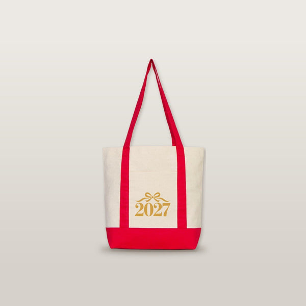 Canvas-Tasche Neujahr mit Fronttasche – 9 Motive Happy New Year 2027, Tragetasche 40 × 35 × 12 cm mit roten, schwarzen oder bordeauxroten Akzenten - Pamusan.de