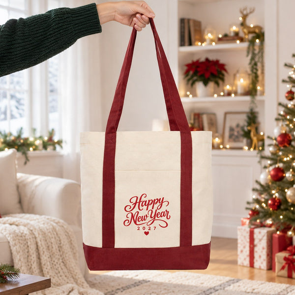 Canvas-Tasche Neujahr mit Fronttasche – 9 Motive Happy New Year 2027, Tragetasche 40 × 35 × 12 cm mit roten, schwarzen oder bordeauxroten Akzenten - Pamusan.de