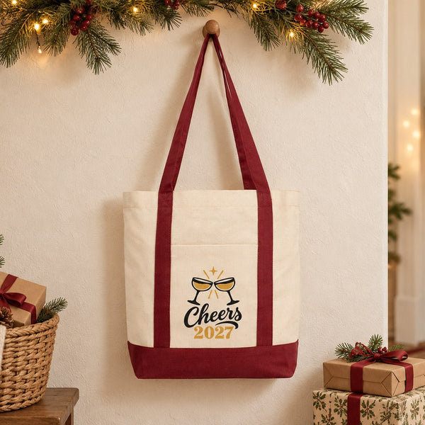 Canvas-Tasche Neujahr mit Fronttasche – 9 Motive Happy New Year 2027, Tragetasche 40 × 35 × 12 cm mit roten, schwarzen oder bordeauxroten Akzenten - Pamusan.de