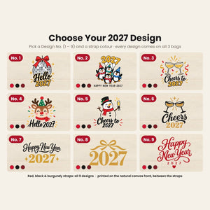 Canvas-Tasche Neujahr mit Fronttasche – 9 Motive Happy New Year 2027, Tragetasche 40 × 35 × 12 cm mit roten, schwarzen oder bordeauxroten Akzenten - Pamusan.de