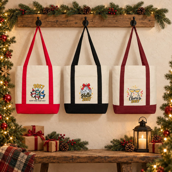 Canvas-Tasche Neujahr mit Fronttasche – 9 Motive Happy New Year 2027, Tragetasche 40 × 35 × 12 cm mit roten, schwarzen oder bordeauxroten Akzenten - Pamusan.de