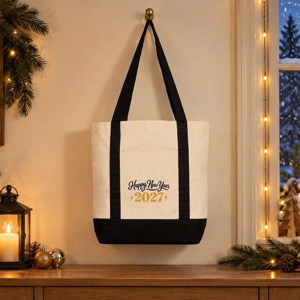 Canvas-Tasche Neujahr mit Fronttasche – 9 Motive Happy New Year 2027, Tragetasche 40 × 35 × 12 cm mit roten, schwarzen oder bordeauxroten Akzenten - Pamusan.de