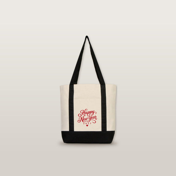 Canvas-Tasche Neujahr mit Fronttasche – 9 Motive Happy New Year 2027, Tragetasche 40 × 35 × 12 cm mit roten, schwarzen oder bordeauxroten Akzenten - Pamusan.de