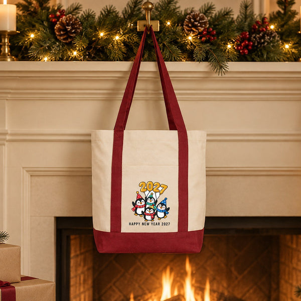 Canvas-Tasche Neujahr mit Fronttasche – 9 Motive Happy New Year 2027, Tragetasche 40 × 35 × 12 cm mit roten, schwarzen oder bordeauxroten Akzenten - Pamusan.de