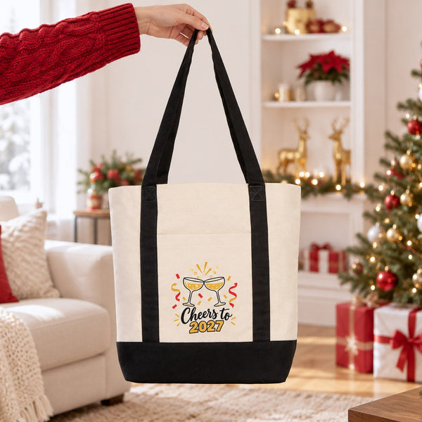 Canvas-Tasche Neujahr mit Fronttasche – 9 Motive Happy New Year 2027, Tragetasche 40 × 35 × 12 cm mit roten, schwarzen oder bordeauxroten Akzenten - Pamusan.de