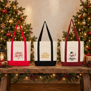 Canvas-Tasche Neujahr mit Fronttasche – 9 Motive Happy New Year 2027, Tragetasche 40 × 35 × 12 cm mit roten, schwarzen oder bordeauxroten Akzenten - Pamusan.de