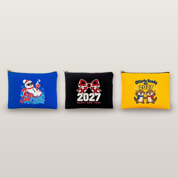 New Year's Eve Party Favors – Makeup Bags Bulk, 9 Happy New Year 2027 Designs, Zipper Clutch 8.3" × 6" (21 × 15 cm) – Cotton Gabardine - Pamusan.com