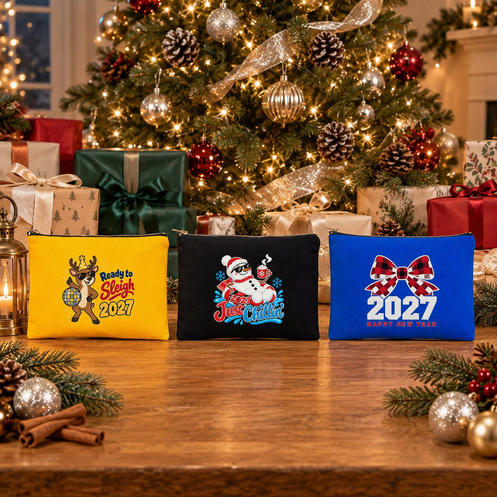 New Year's Eve Party Favors – Makeup Bags Bulk, 9 Happy New Year 2027 Designs, Zipper Clutch 8.3" × 6" (21 × 15 cm) – Cotton Gabardine - Pamusan.com