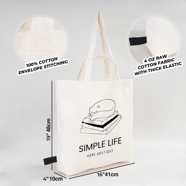 White tote bag with 'Simple Life Home Boutique' design, showing fabric details and dimensions.