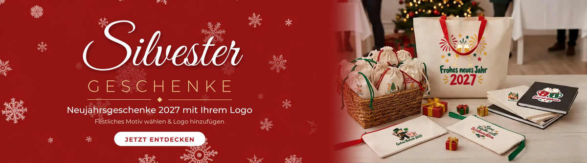 Silvester-Geschenke 2027 – Neujahrsgeschenk-Beutel und Taschen mit Logo bedruckt