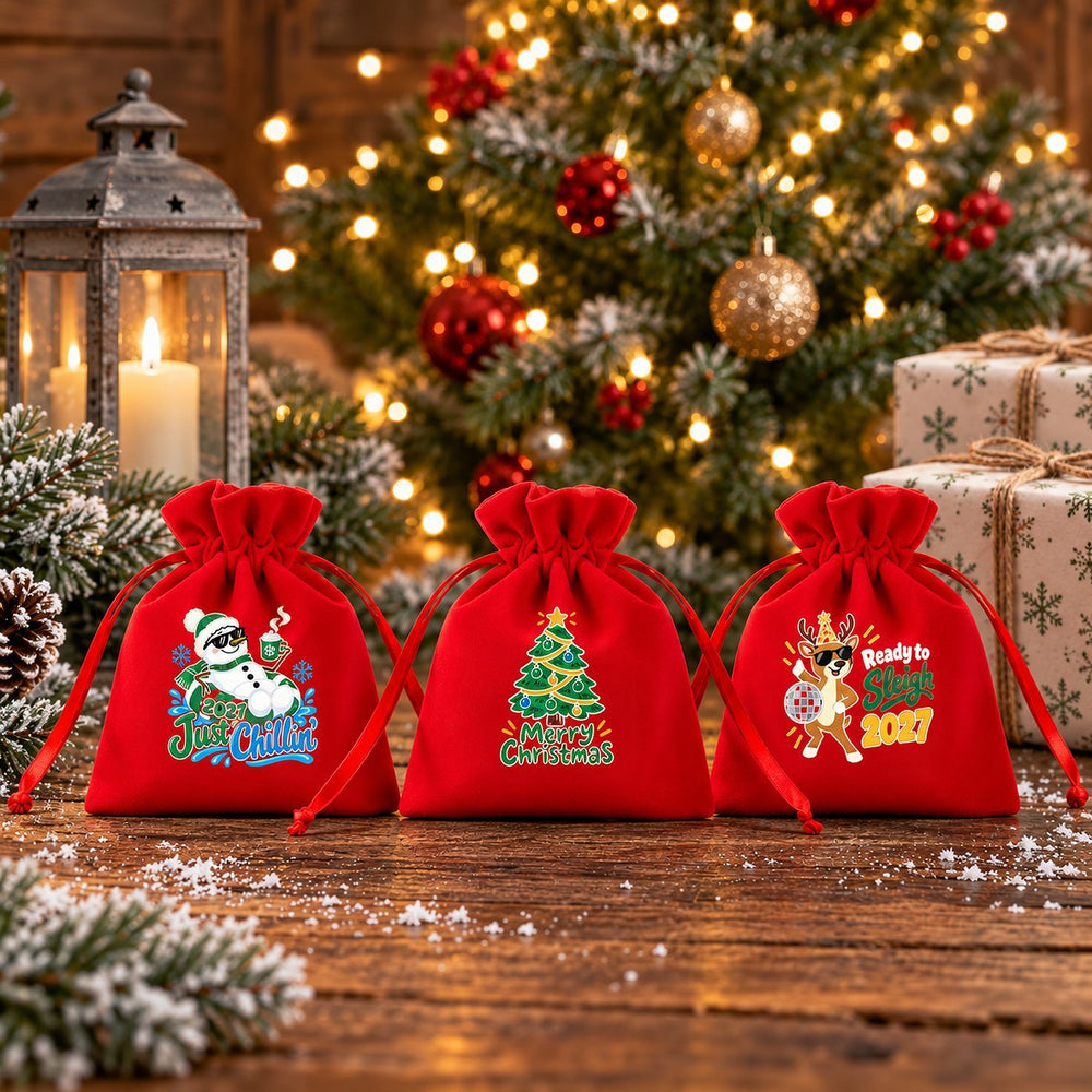 Rotes Geschenksäckchen aus Samt, Motiv Frohes Fest mit Rentier, auf verschneitem Holztisch vor dem Christbaum