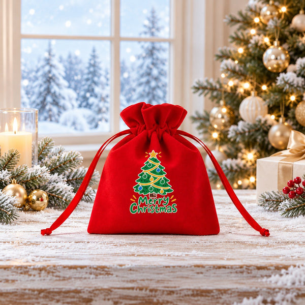 Rotes Geschenksäckchen aus Samt mit Motiv O Tannenbaum vor einem verschneiten Fenster