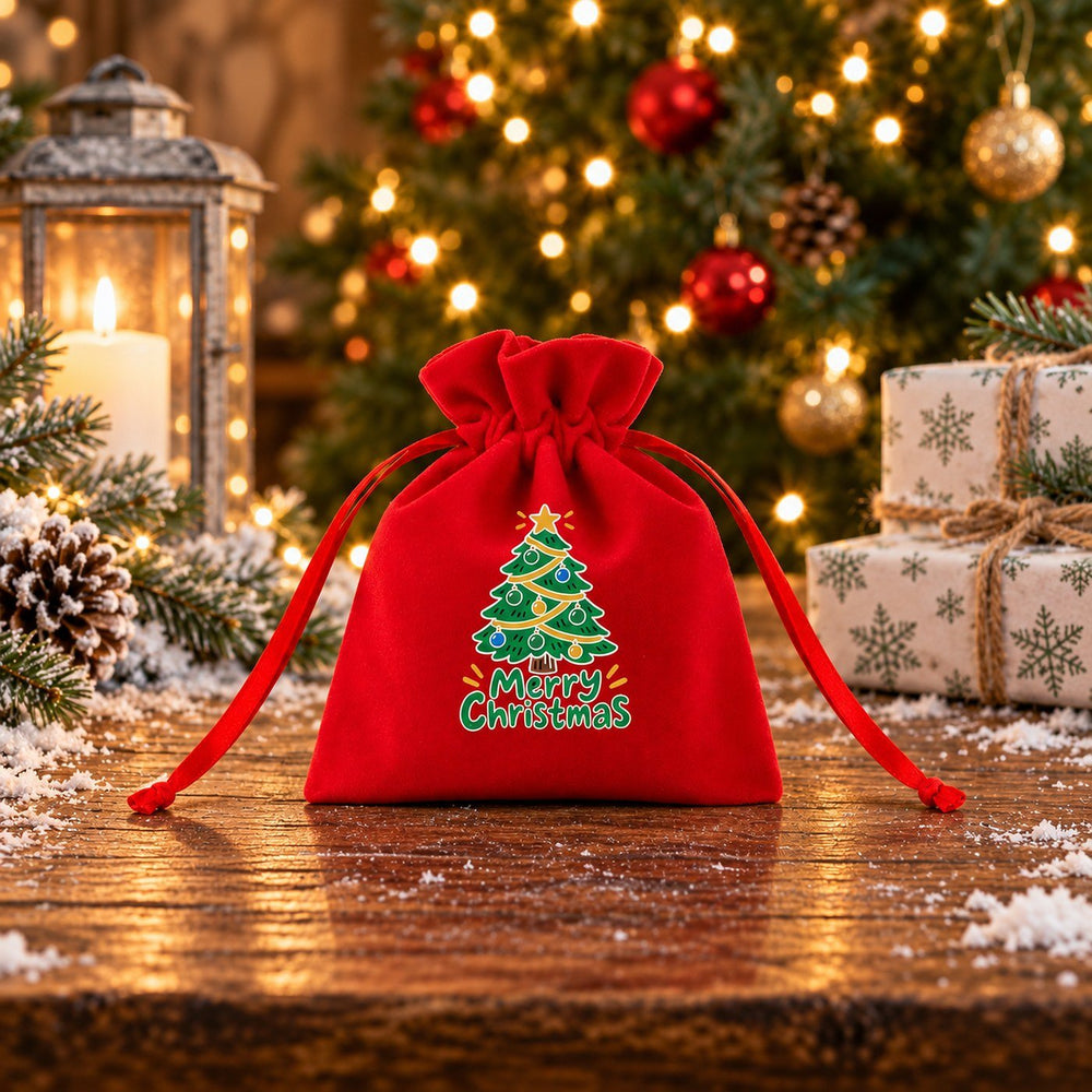 Rotes Geschenksäckchen aus Samt, Motiv Frohes Fest mit Rentier, auf verschneitem Holztisch vor dem Christbaum