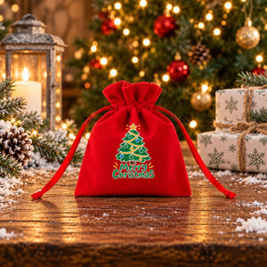 Rotes Geschenksäckchen aus Samt, Motiv Frohes Fest mit Rentier, auf verschneitem Holztisch vor dem Christbaum
