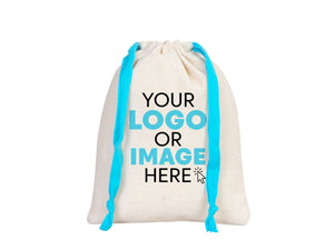 Turquoise Drawstring Custom Muslin Bags 6"W x 8"H  Organic Cotton Pouch Bag, Bridal Shower Bag — custom print | Pamusan