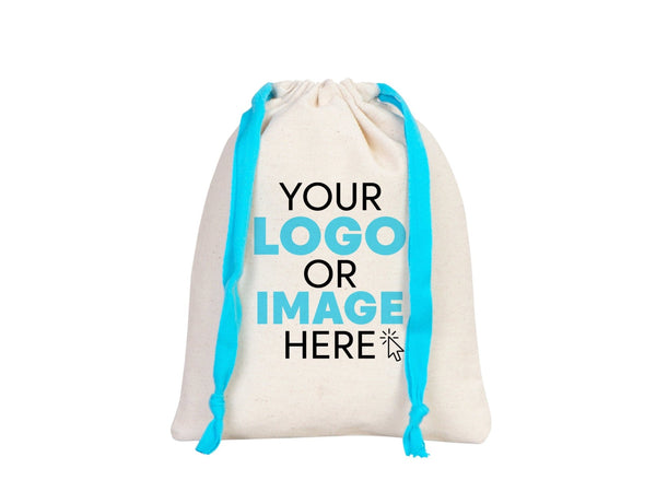 Turquoise Drawstring Custom Muslin Bags 6"W x 8"H  Organic Cotton Pouch Bag, Bridal Shower Bag — custom print | Pamusan
