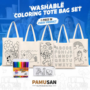 Washable Kids Coloring Tote Bag Set – 5 Reusable Cotton Bags, Pencil Case & 12 Color Markers - Pamusan.com