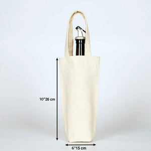 Beige tote bag with a wine bottle inside, showing dimensions on a white background