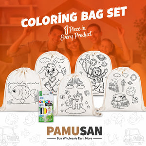 Wrapped Fun Set 5 | Colorable Drawstring Backpacks 14"x16" + Fabric Paint Marker - Pamusan.com