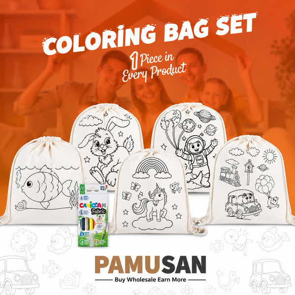Wrapped Fun Set 5 | Colorable Drawstring Backpacks 14"x16" + Fabric Paint Marker - Pamusan.com