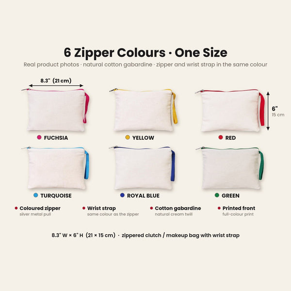 Wristlet Pouch Bulk – Christmas & New Year 2027 Makeup Bags in 6 Zipper Colors, 9 Designs, 8.3" × 6" (21 × 15 cm) – Cotton Gabardine - Pamusan.com