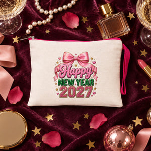 Wristlet Pouch Bulk – Christmas & New Year 2027 Makeup Bags in 6 Zipper Colors, 9 Designs, 8.3" × 6" (21 × 15 cm) – Cotton Gabardine - Pamusan.com