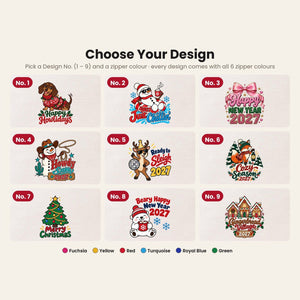 Wristlet Pouch Bulk – Christmas & New Year 2027 Makeup Bags in 6 Zipper Colors, 9 Designs, 8.3" × 6" (21 × 15 cm) – Cotton Gabardine - Pamusan.com