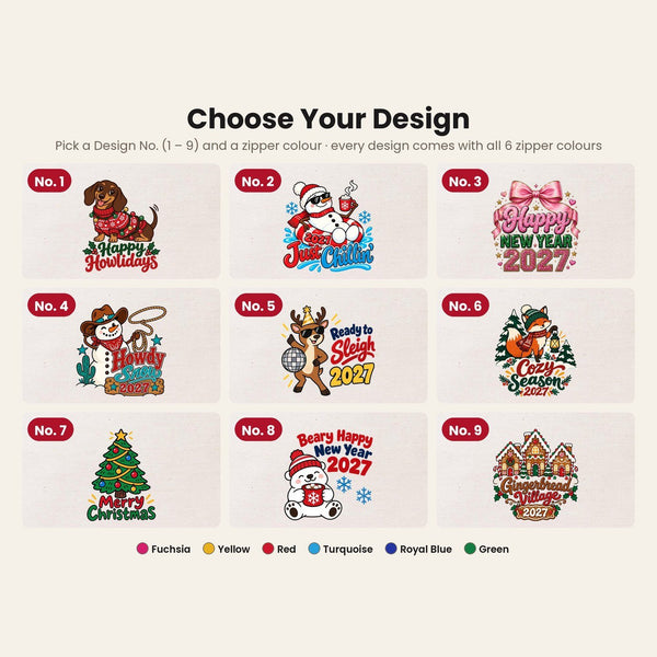 Wristlet Pouch Bulk – Christmas & New Year 2027 Makeup Bags in 6 Zipper Colors, 9 Designs, 8.3" × 6" (21 × 15 cm) – Cotton Gabardine - Pamusan.com