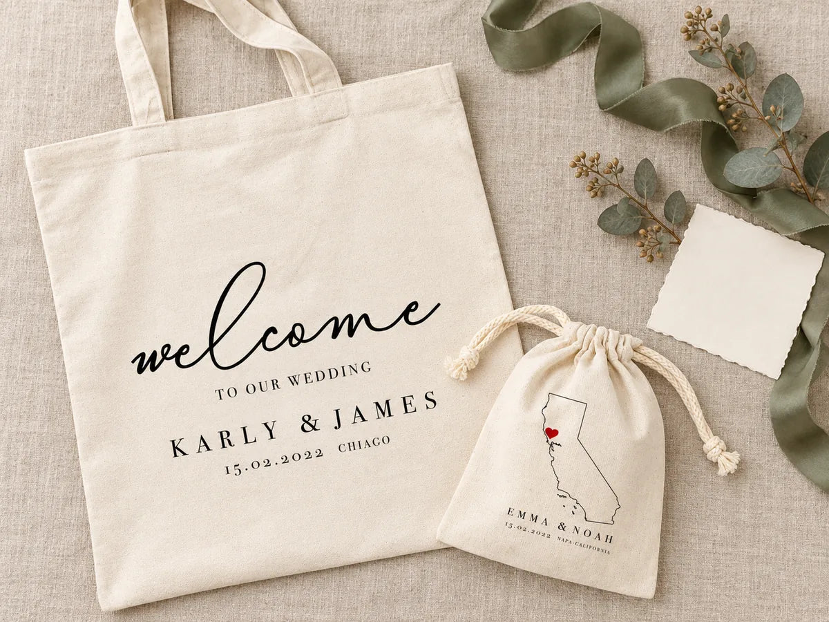 Flat-Lay von oben auf Leinen: Baumwolltasche „Karly & James“ und Kordelzugbeutel mit Kalifornien-Karte, salbeigrünes Seidenband, getrockneter Eukalyptus und eine leere elfenbeinfarbene Karte