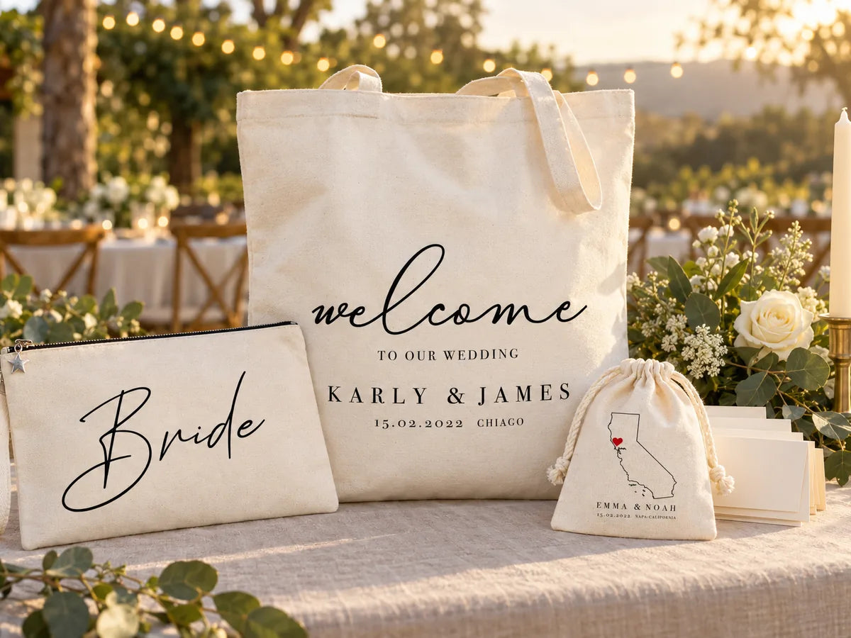 Mit Leinen gedeckter Empfangstisch zur goldenen Stunde: aufrecht stehende Willkommenstasche „Karly & James“, davor eine Clutch mit Reißverschluss und „Bride“-Aufdruck, rechts ein Kordelzugbeutel „Emma & Noah“ mit Kalifornien-Karte, weiße Rosen, Eukalyptus und eine Kerze